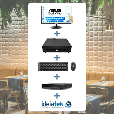Hardware TPV Ideiatek: pantalla táctil, cajón portamonedas y equipo completo para hostelería